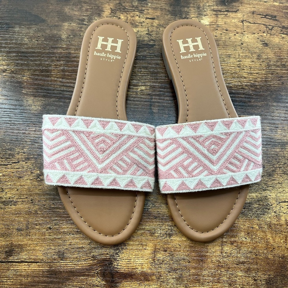 Haute Hippie Embroidered Aztec Women's Size 8 Flat Sandals Slip Ons Pink White